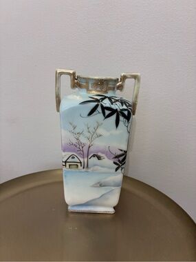 Japanese Nippon Hand Painted Porcelain Vase Winter Landscape 6.5” tall